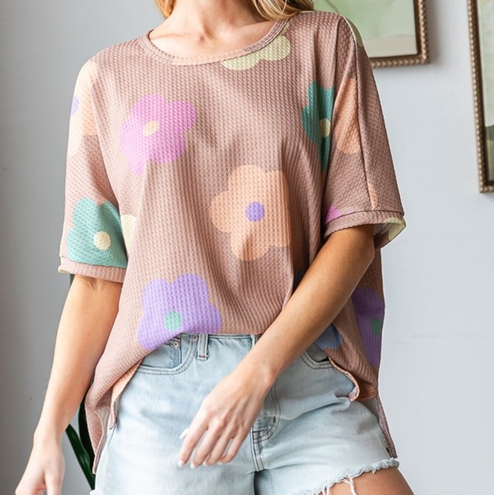 HOPELY Full Size Floral Round Neck Side Slit Waffle T-Shirt